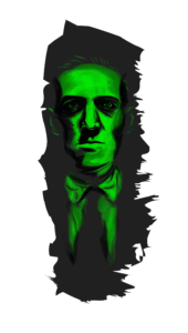 Arte representando H. P. Lovecraft se transformando em uma de suas criaturas. (arte por: Lívia Serrano) MITOS DE CTHULHU